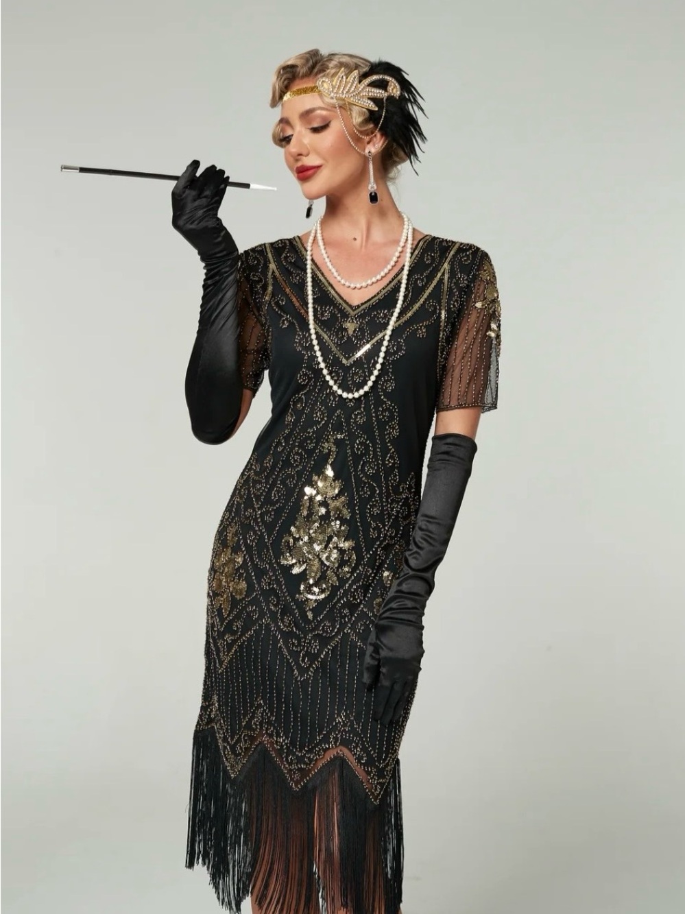 Black & Gold Beaded Flapper Dress - 1920s Style XL